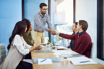Meeting, handshake and teamwork for sales deal, success and b2b collaboration. Boardroom, agreement and business people for investment company, finance and negotiation with thank you in workplace