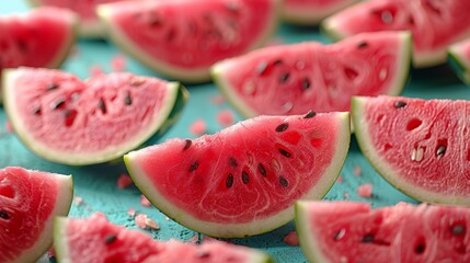 Fresh slices of watermelon flying on a blue background with exploding juice splash