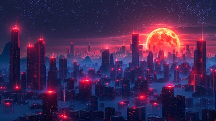 Futuristic City at Night With Full Moon. Generative AI