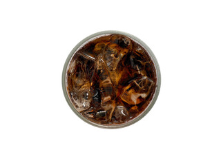 A glass of cola with ice cubes