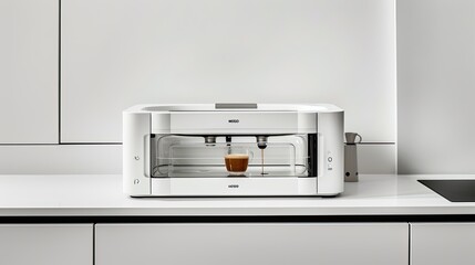 a kitchen adorned with cabinets, featuring a sleek white and silver built-in microwave bathed in natural light, with a steaming cup of coffee awaiting inside