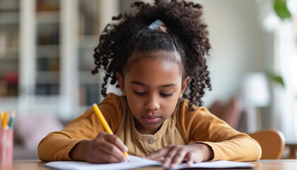 A African American girl doing school work at home
