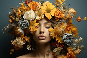 portrait of a beautiful woman in a flower wreath with her eyes closed