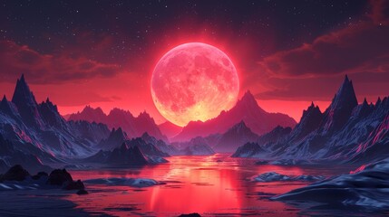 Red Moon Over Body of Water. Generative AI