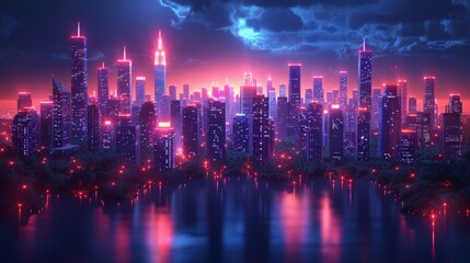 Cityscape With Tall Buildings Illuminated at Night. Generative AI