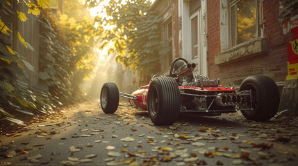 A red race car is parked on a street with leaves on the ground