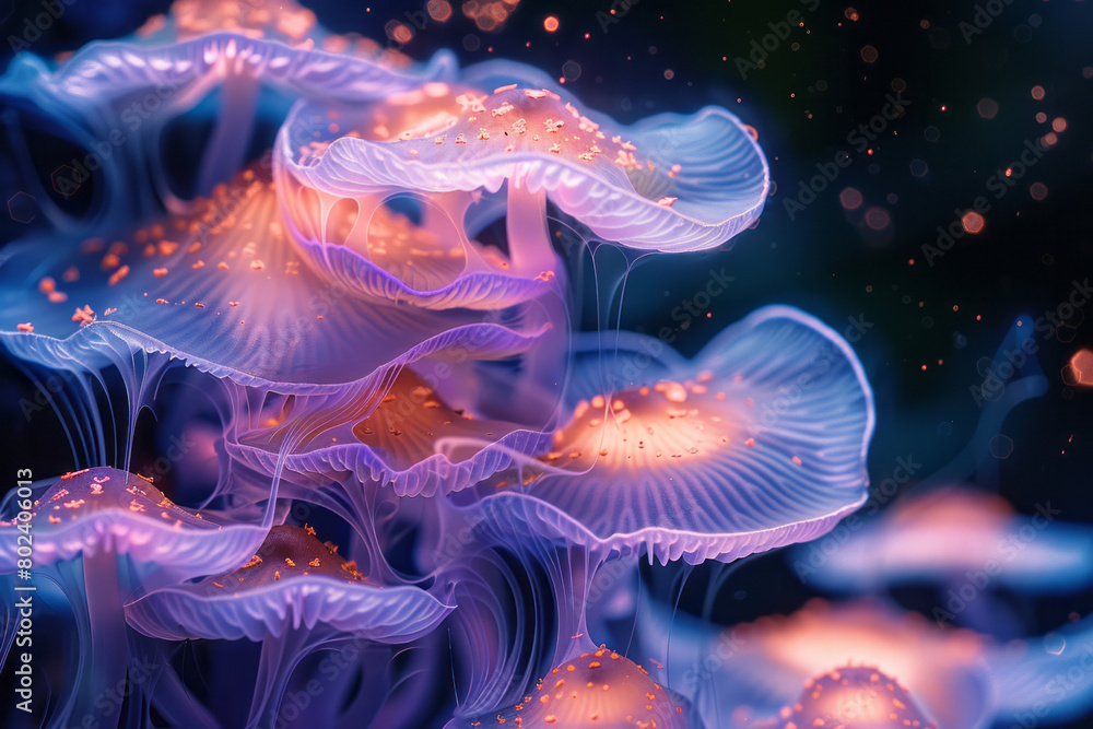 Poster abstract representation of psychedelic mushrooms, their stems transforming into fluid glass-like str