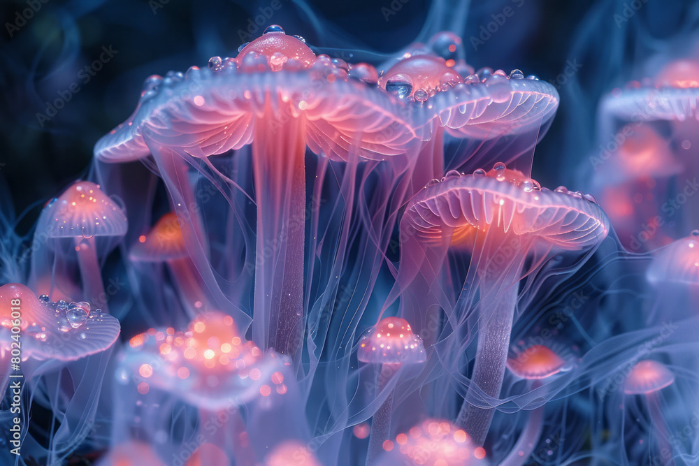 Poster abstract representation of psychedelic mushrooms, their stems transforming into fluid glass-like str