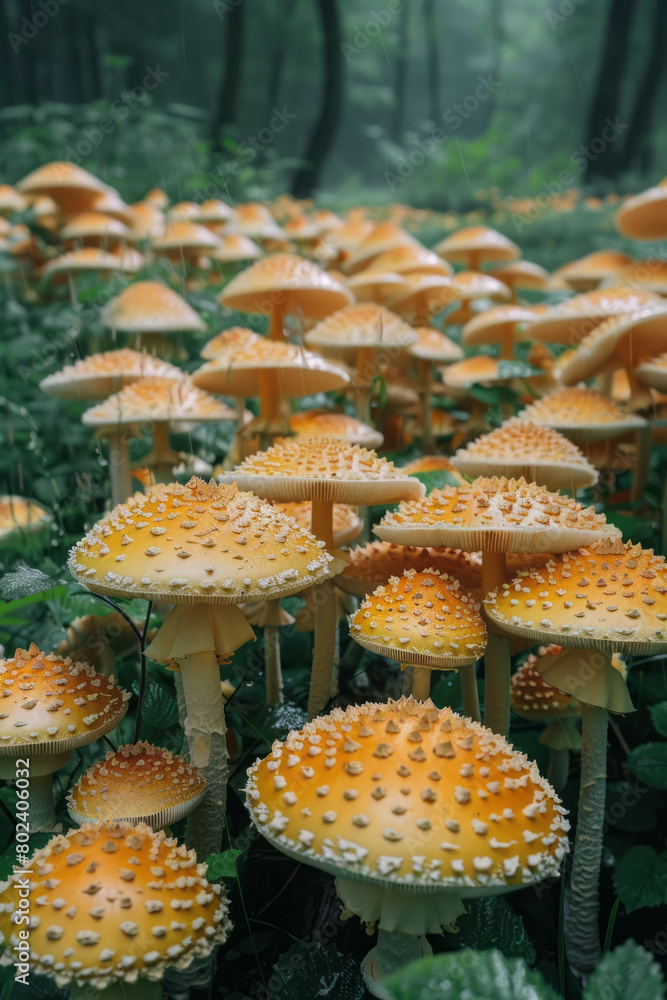 Poster a field of hallucinogenic mushrooms, each cap patterned with hypnotic, pulsating waves,