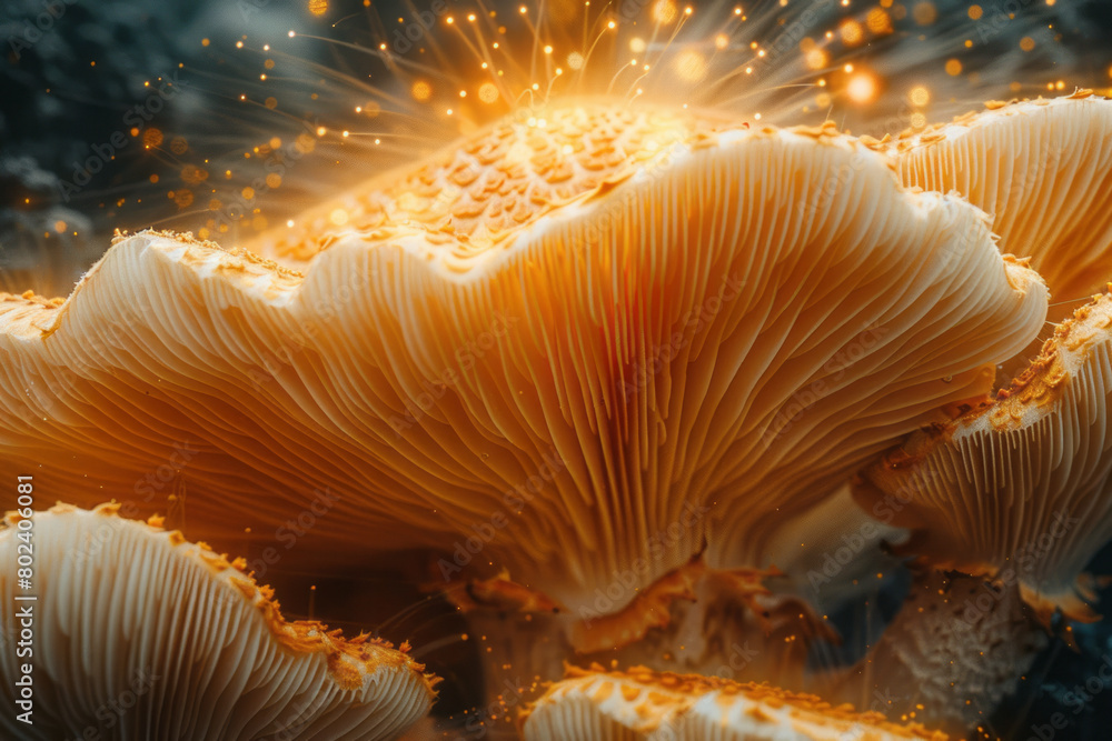 Poster close-up of a psychedelic mushroom gills, appearing as a network of golden threads,