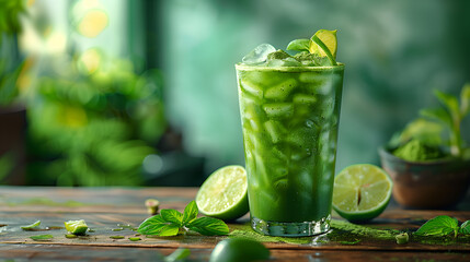 Matcha iced green tea with lime on table