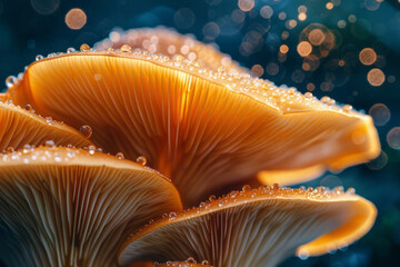 Close-up of a psychedelic mushroom gills, appearing as a network of golden threads,