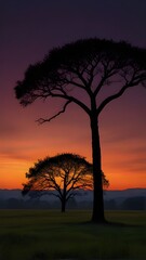 Fototapeta premium A solitary tree silhouetted against a vibrant sunset 