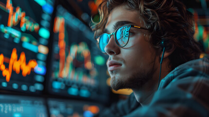 A man staring at a computer screen displaying stock prices