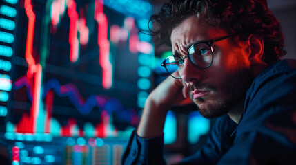 Fototapeta premium A man staring at a computer screen displaying stock prices