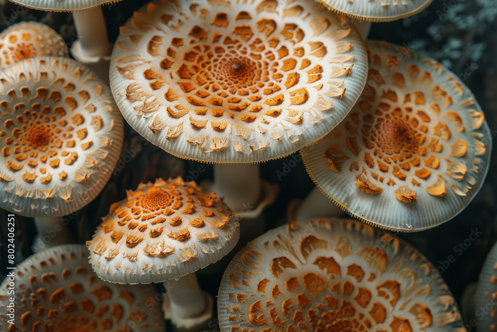 Poster mushrooms arranged in a circular pattern, each cap a different surreal clock face measuring cosmic t