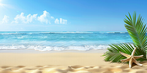 A beach scene with a palm tree and a starfish on the sand