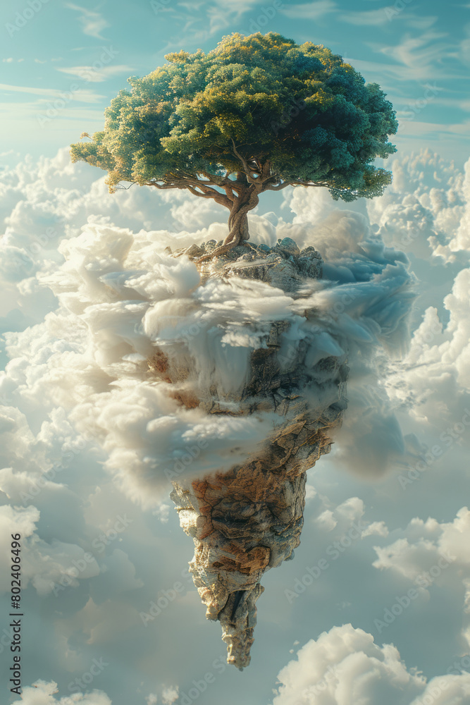 Poster a surreal depiction of lophophora williamsii as a floating island with roots entwined in clouds,