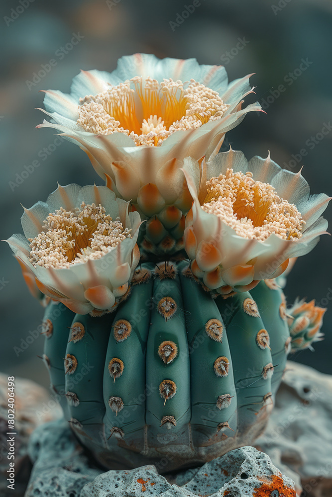 Poster lophophora williamsii with caps that open to reveal intricate clockwork mechanisms, ticking in uniso