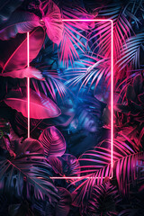 a neon frame is surrounded by tropical leaves in the dark