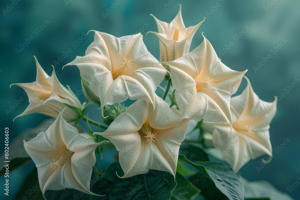 Poster Surreal vision of datura flowers with stems that twist like DNA helices, petals unfolding in Fibonacci sequences,