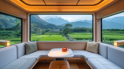Fototapeta premium a high-tech train car interior boasting plush seating, expansive windows framing the breathtaking scenery of China's mountainous landscapes and rice fields, a cozy table for coffee or tea.