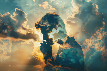 A man is praying in the sky with clouds