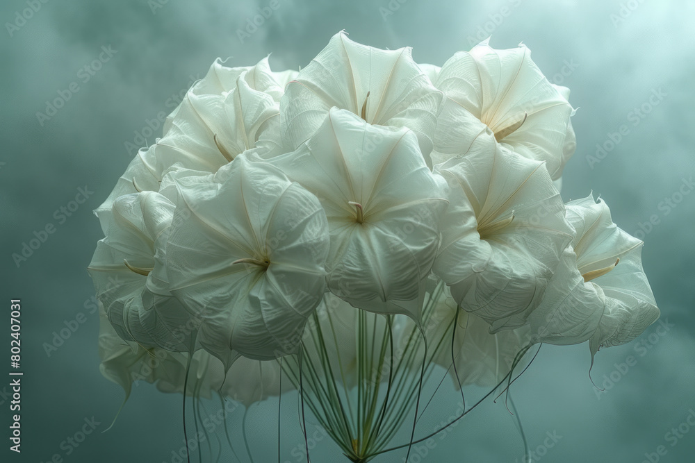 Aufkleber datura flowers depicted as a cluster of balloons, floating away into a cloudy sky, tethered by wispy