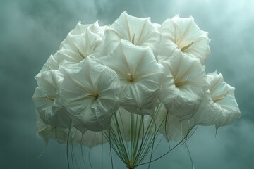 Datura flowers depicted as a cluster of balloons, floating away into a cloudy sky, tethered by wispy strings,