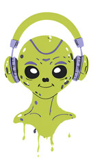 Digital illustration of a friendly green alien monster wearing headphones. Isolated on white, transparent background PNG