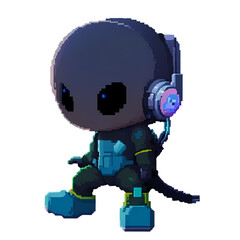 Digital design concept of a 16-Bit pixel Character. Alien wearing headphones, isolated on white PNG