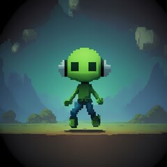 Digital design concept of a 16-Bit pixel Character levitating in the Air in a fantasy landcape. Green Robot wearing headphones