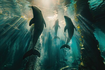 Fototapeta premium Graceful Pod: Dolphins Dancing in Aquarium Waters