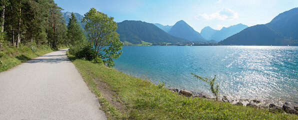bike route along lake Achensee, stunning alps view, tyrol landscape