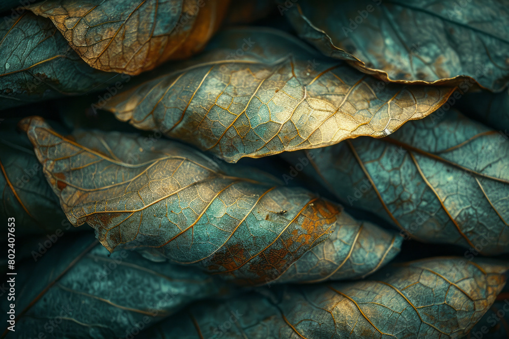 Poster tobacco rustica leaves interwoven with luminous threads, symbolizing connection to ancestral spirits