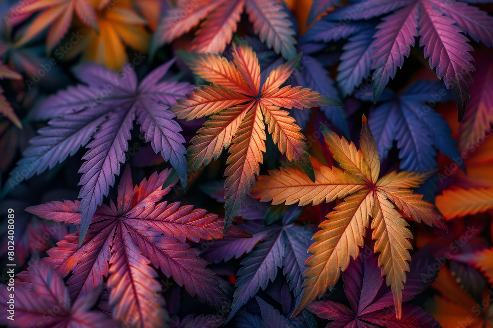 Poster a dynamic pattern of interlocking cannabis leaves, each leaf a different bright, psychedelic color,