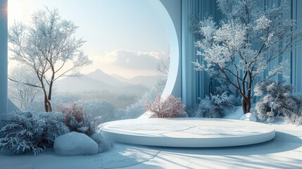 Empty circular white podium in middle of winter theme background, minimalist concept