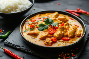 Plate of spicy thai curry with chicken and red pepper on a black stone board. Blurred bowl with rice in the background. Dark background. Spices