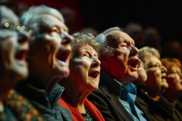 A group of elderly people are singing together