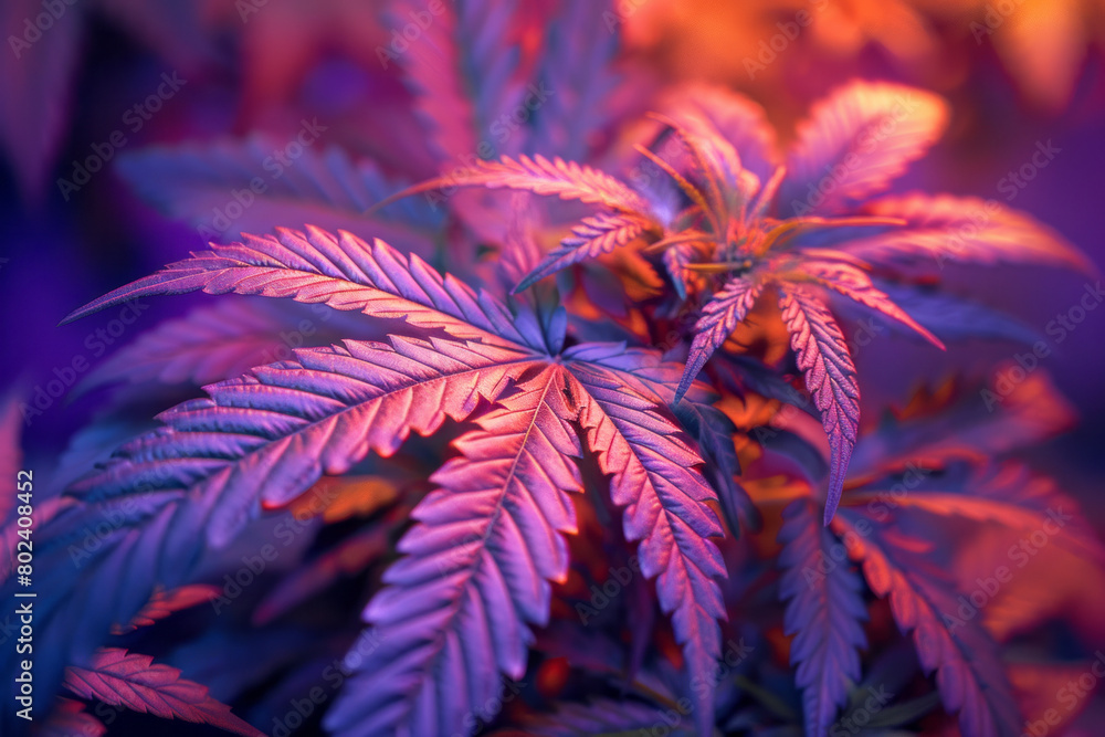 Poster cannabis leaves that twist and curl into surreal shapes, painted with a spectrum of thermal colors,