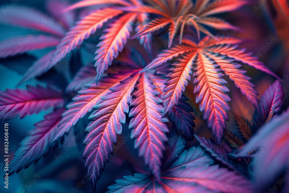 Poster cannabis leaves that twist and curl into surreal shapes, painted with a spectrum of thermal colors,