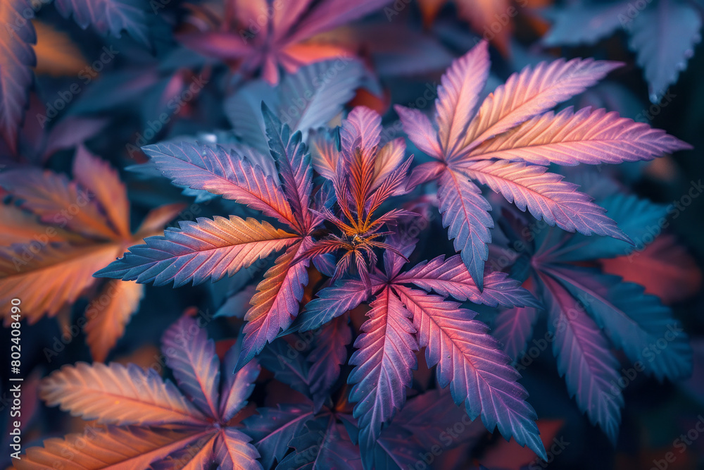 Poster cannabis leaves that twist and curl into surreal shapes, painted with a spectrum of thermal colors,