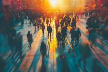 Motion blur, soft focuse. Busy city street at Sunset with Crowds of People.
