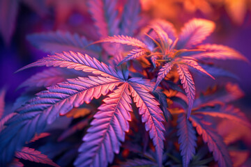 Cannabis leaves that twist and curl into surreal shapes, painted with a spectrum of thermal colors,