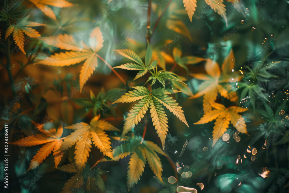 Poster An animated sequence of cannabis leaves dancing, each movement changing their color and form, reflecting dynamic effects,