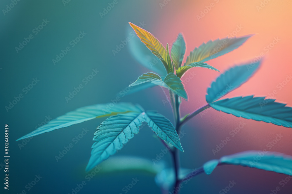 Poster A minimalist design of cannabis with sharp, clean lines against a gradient background, highlighting clarity and calm,