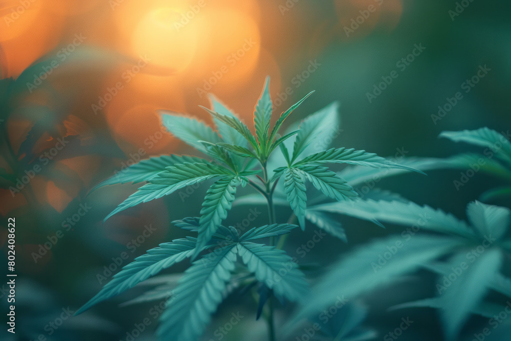 Poster a minimalist design of cannabis with sharp, clean lines against a gradient background, highlighting 