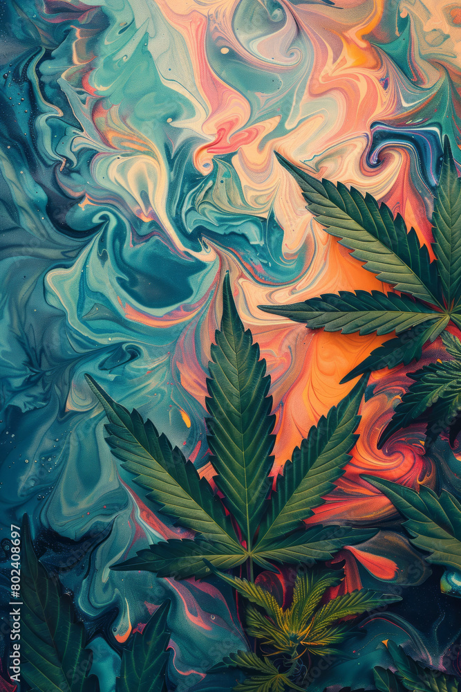 Poster a vibrant print of cannabis leaves overlaid with abstract, flowing patterns that evoke a sense of de