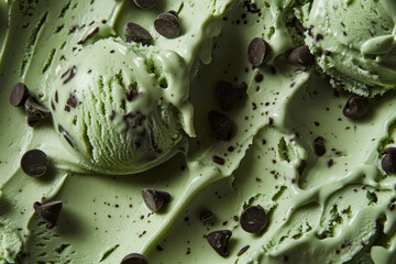 Obraz premium A scoop of green ice cream with chocolate chips on top