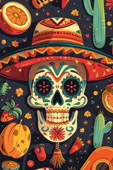Mexican Skull Wearing Sombrero Hat